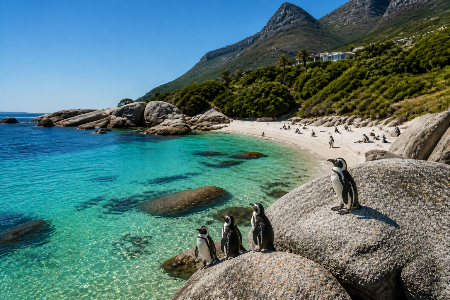 African penguins on granite boulders at Boulders Beach near Simon's Town