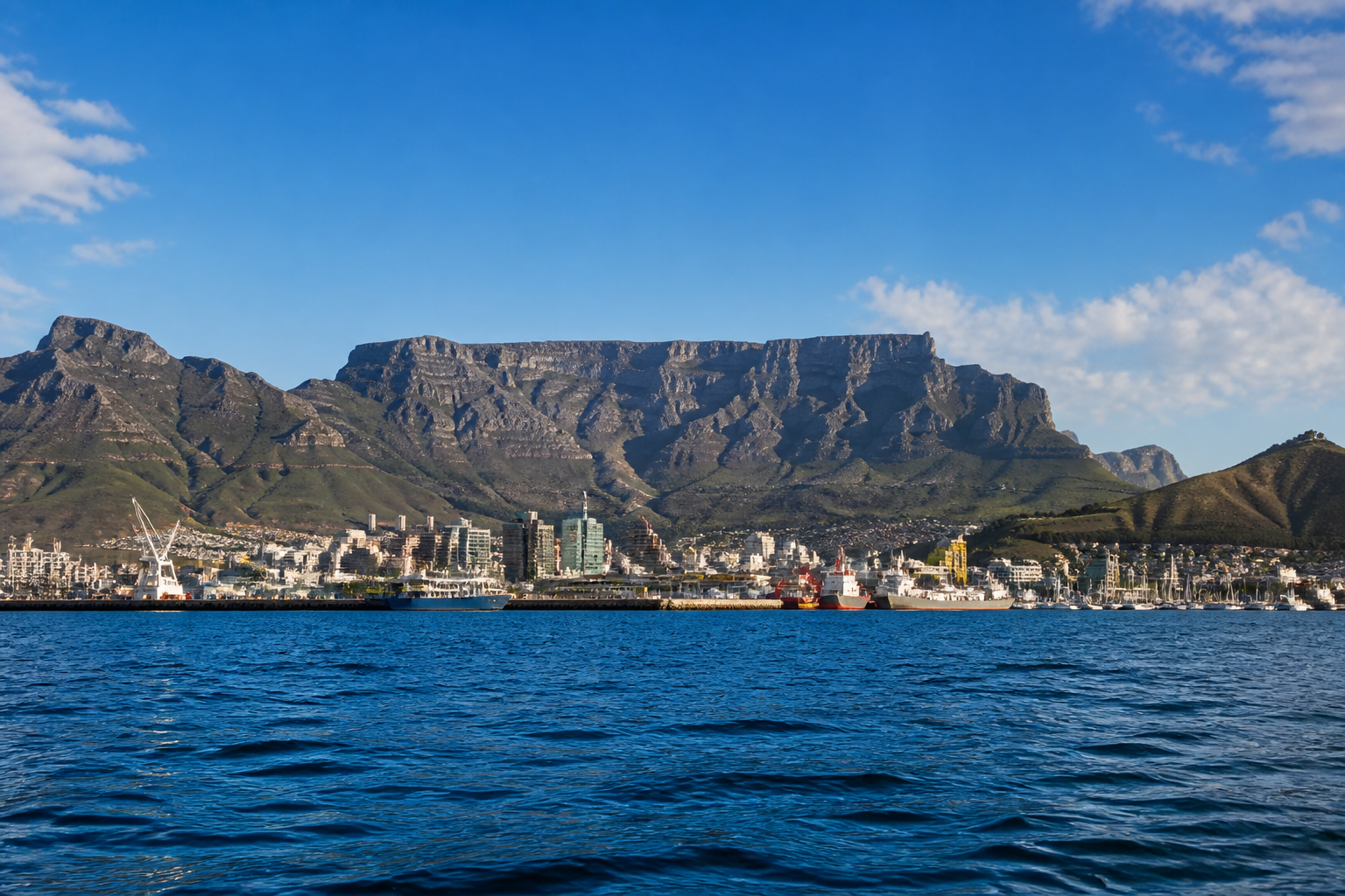 Cape Town skyline with iconic flat-topped Table Mountain above the city and harbour