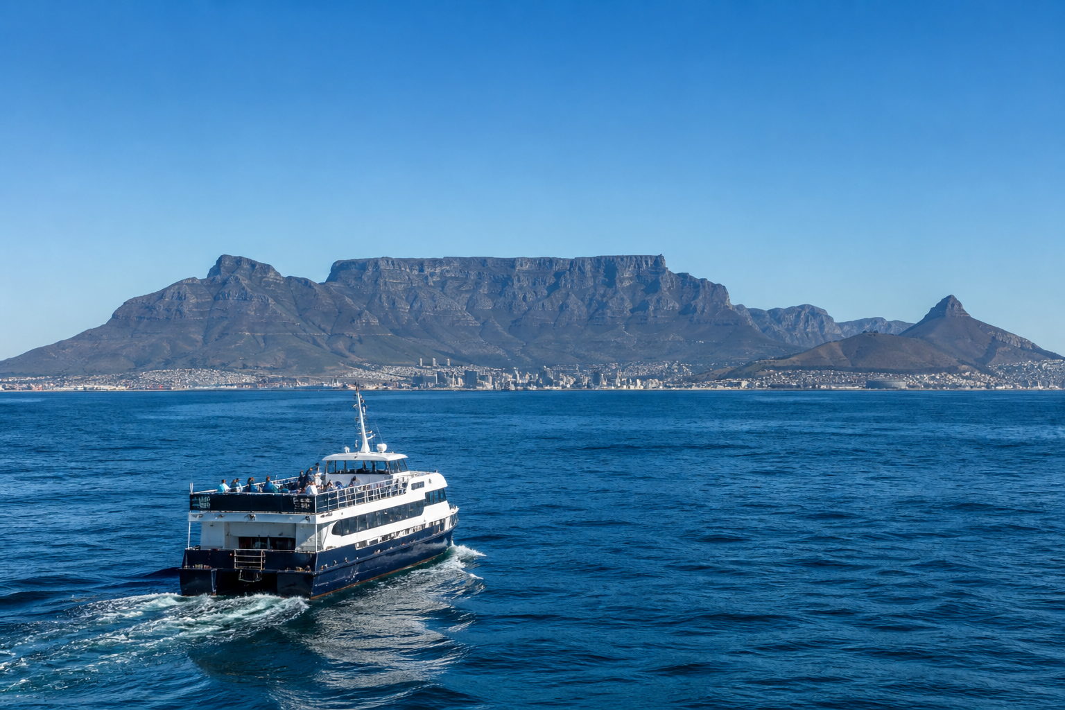 Ferry crossing Table Bay toward Robben Island with Table Mountain behind