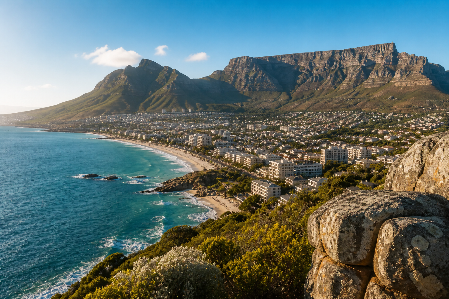 Iconic flat-topped Table Mountain overlooking Cape Town and the ocean