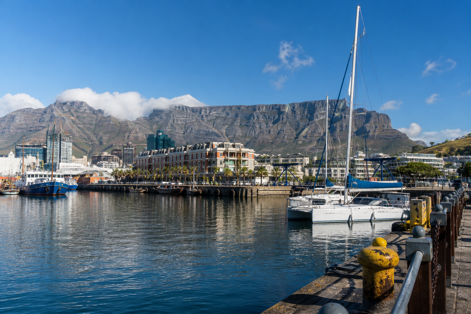 V&A Waterfront harbour with boats and Table Mountain across the bay