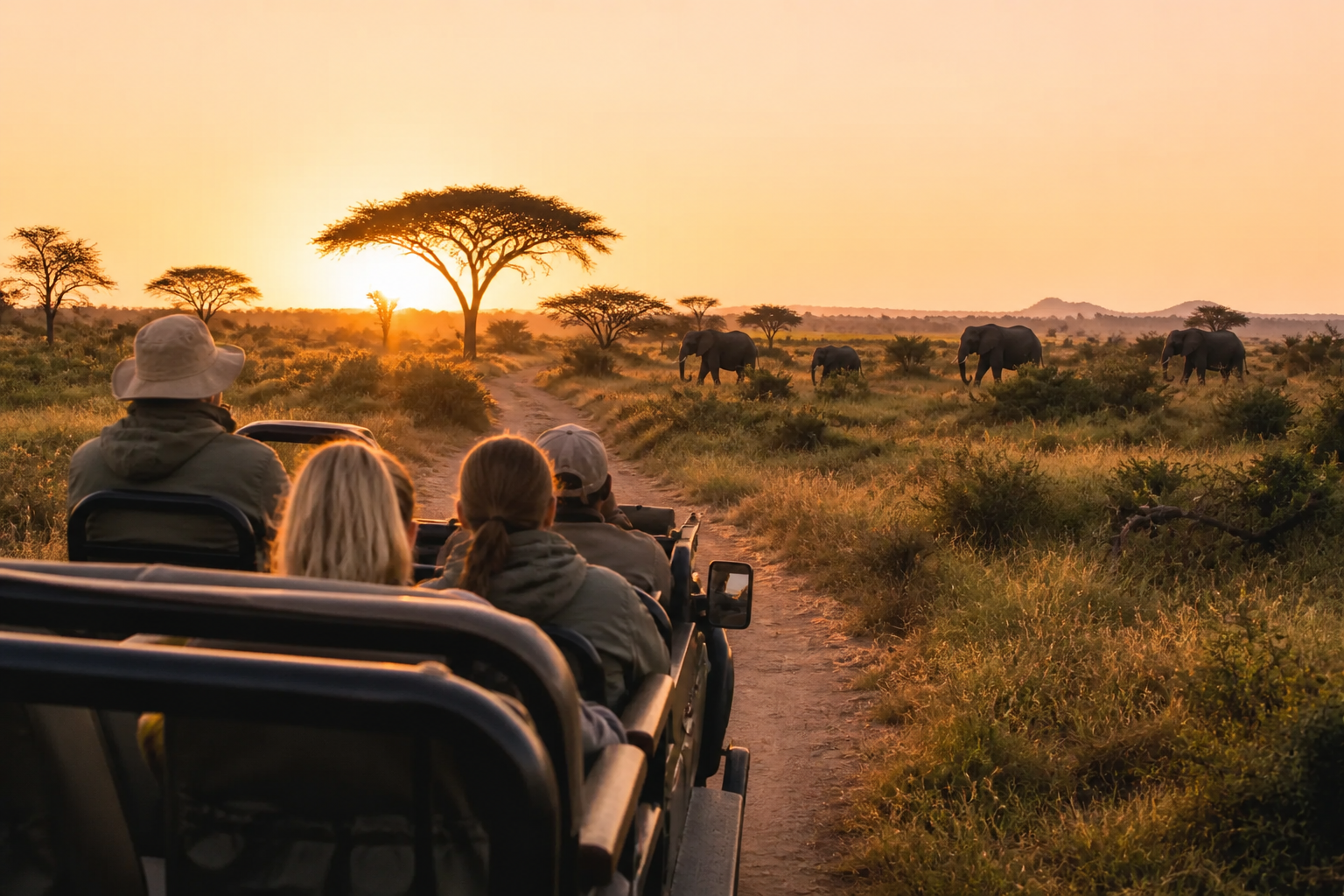 Morning game drive vehicle on a Kruger safari track at first light
